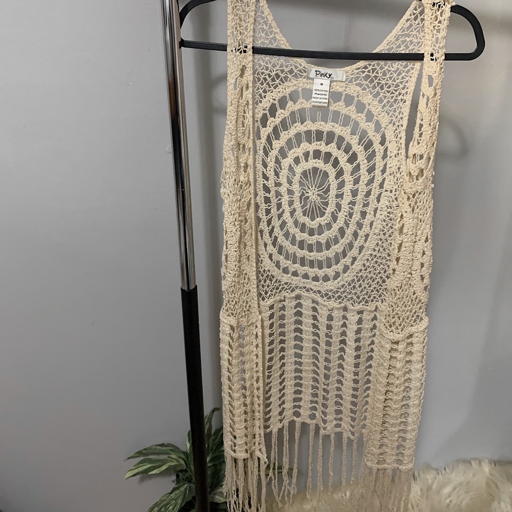 -Pinky tan cardigan, fringed accents, sleeveless